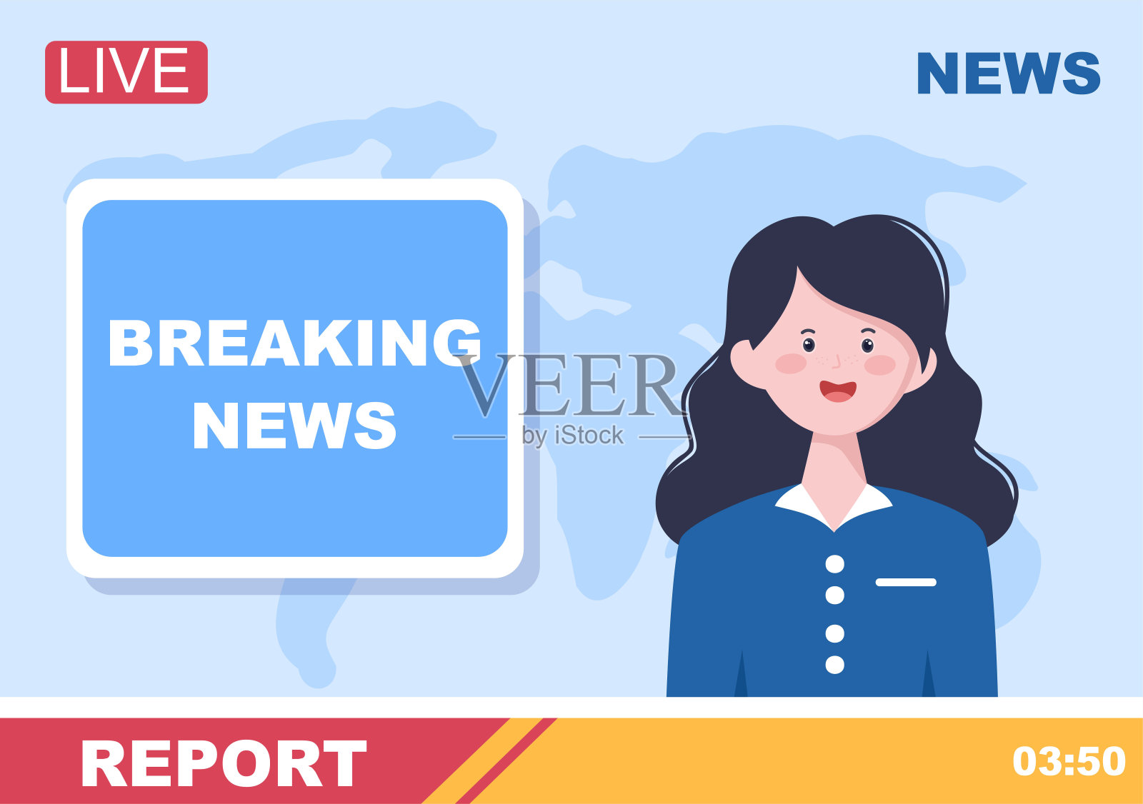 突发新闻记者背景向量插图与广播或记者在监视器关于信息事件，活动，天气和公告插画图片素材