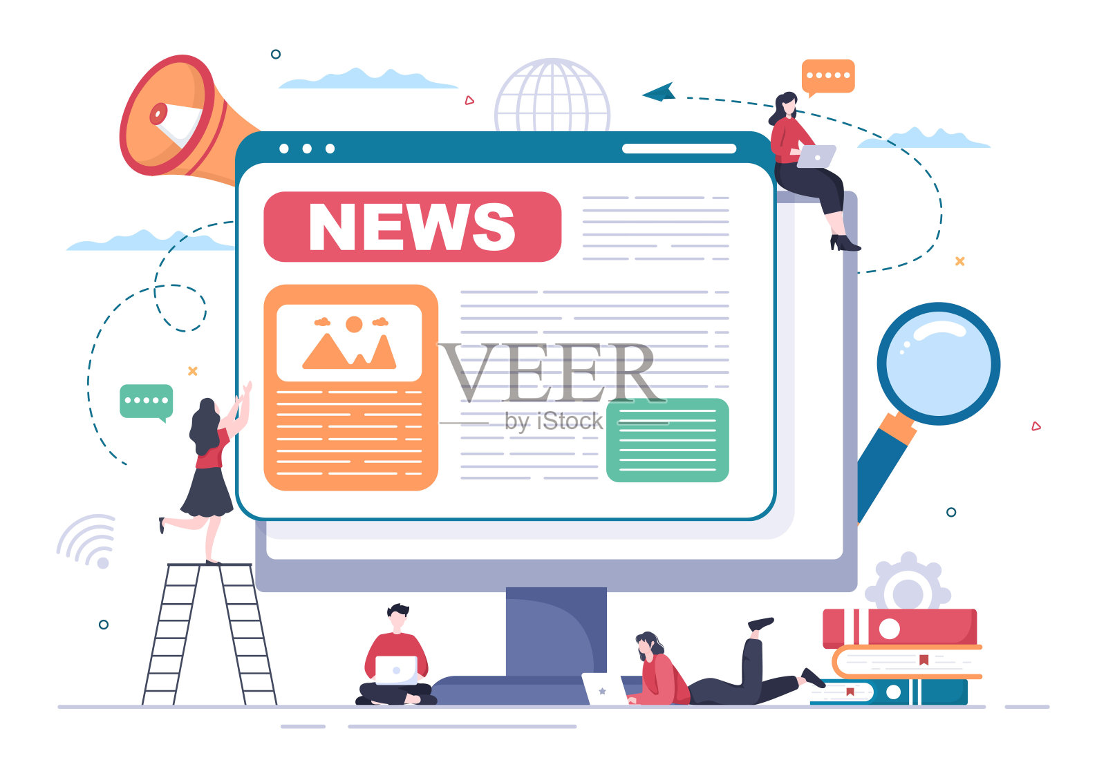 突发新闻记者背景向量插图与广播或记者在监视器关于信息事件，活动，天气和公告插画图片素材