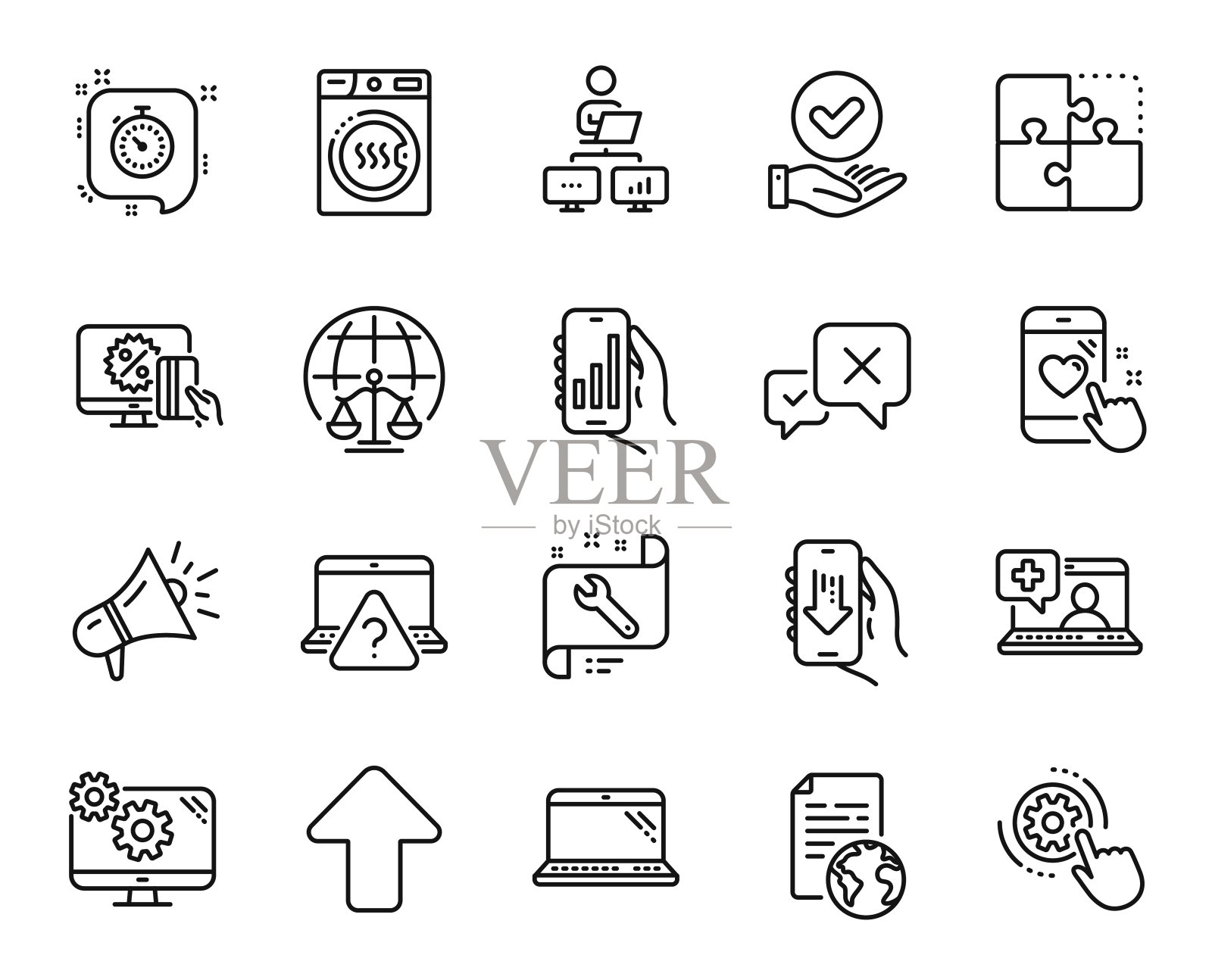 向量集烘干机，笔记本电脑和齿轮设置线图标设置。向量图标素材