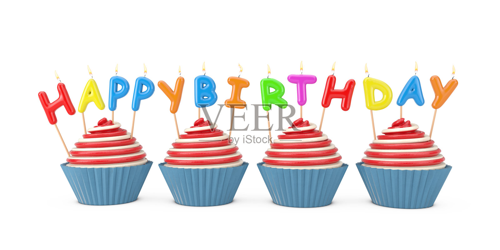 生日快乐蜡烛纸杯蛋糕。3d渲染照片摄影图片