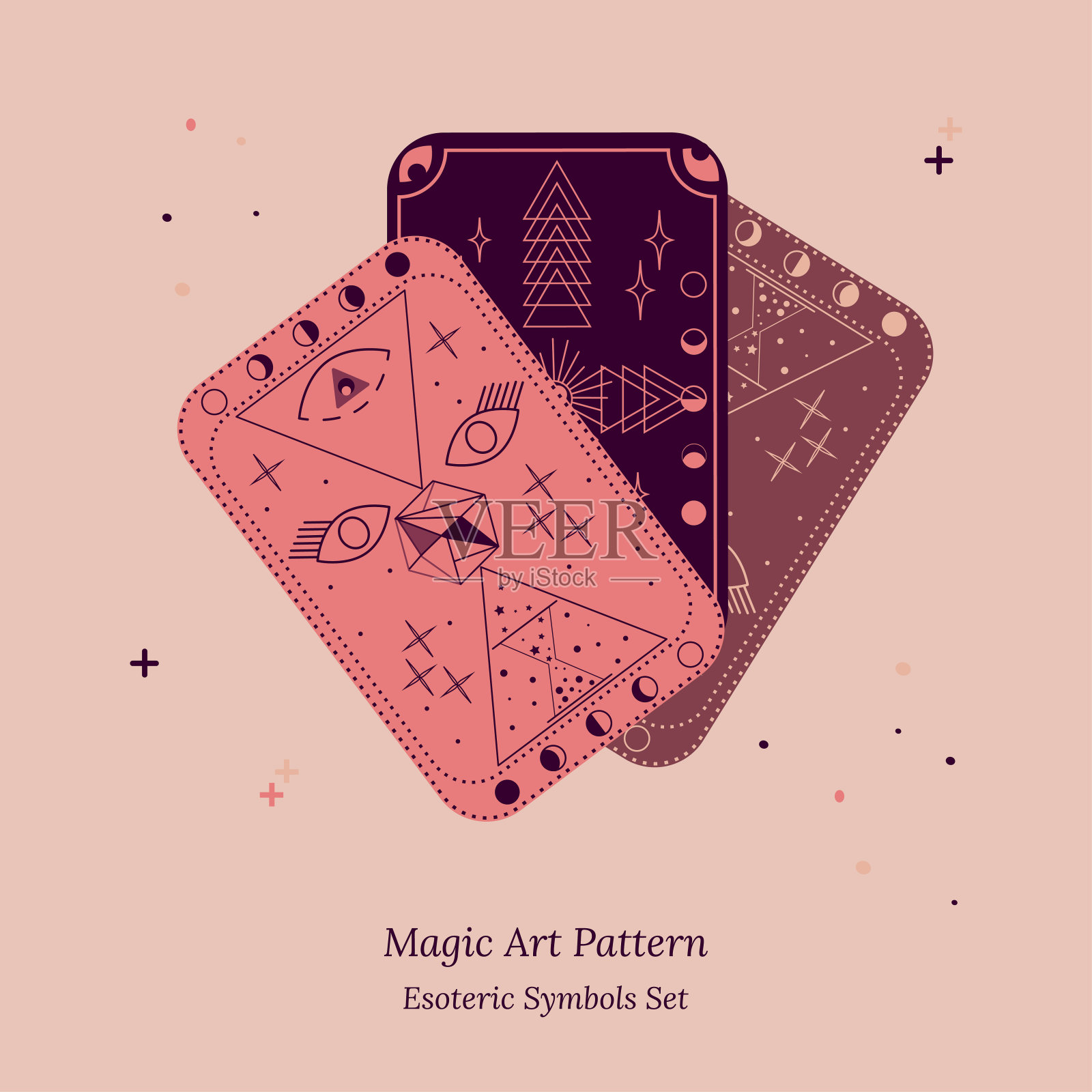 塔罗牌呈扇形散开。一个深奥的物体和符号的例子。灵魂的第三眼，月亮，天体，星星的相位。矢量插图深奥的科学设计插画图片素材