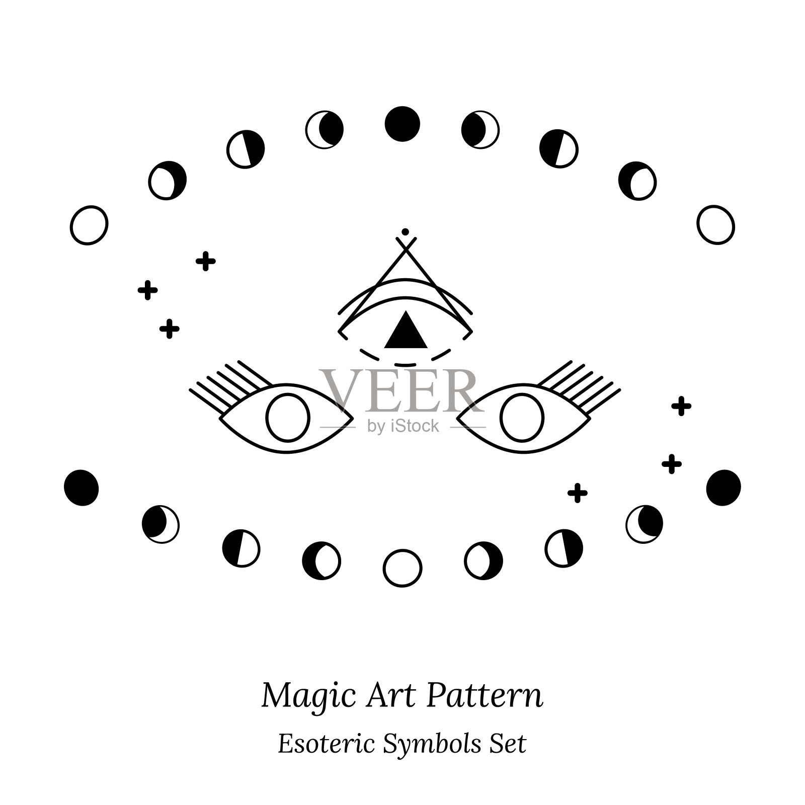 灵性会议的说明。一套魔法物品，月相，星星。打开灵魂的第三只眼睛。为设计塔罗牌，社交网络，网页的大纲风格的矢量插图插画图片素材