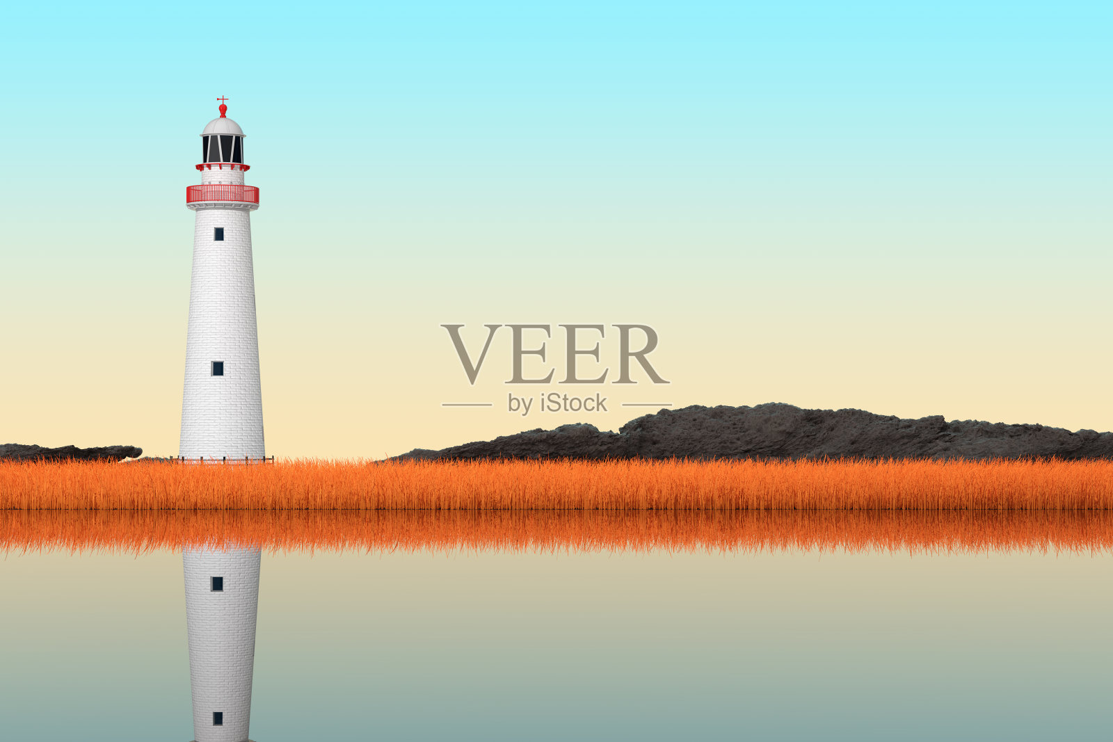 站在河边长草中的老灯塔。3d渲染照片摄影图片