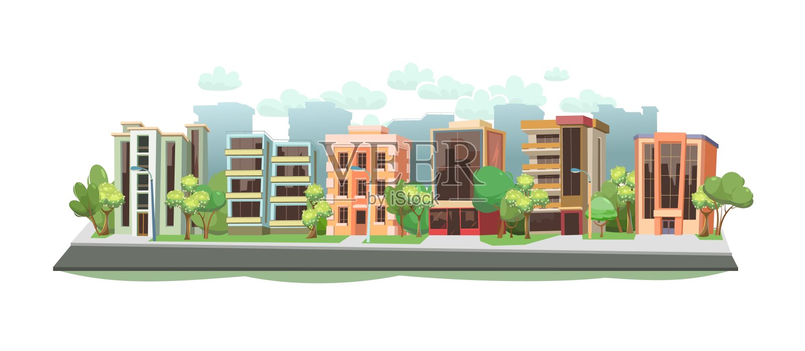 小镇。树林中有漂亮的现代建筑。安静的住宅区。沿路的房子。卡通插画扁平化风格。向量。插画图片素材
