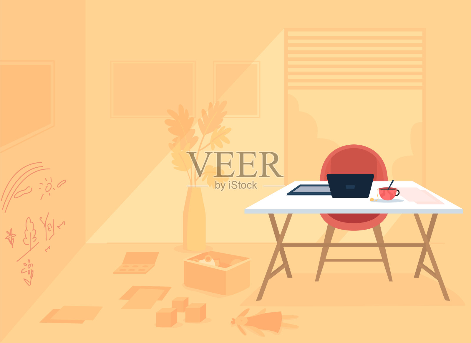 远程工作父母房间平面颜色矢量插图插画图片素材