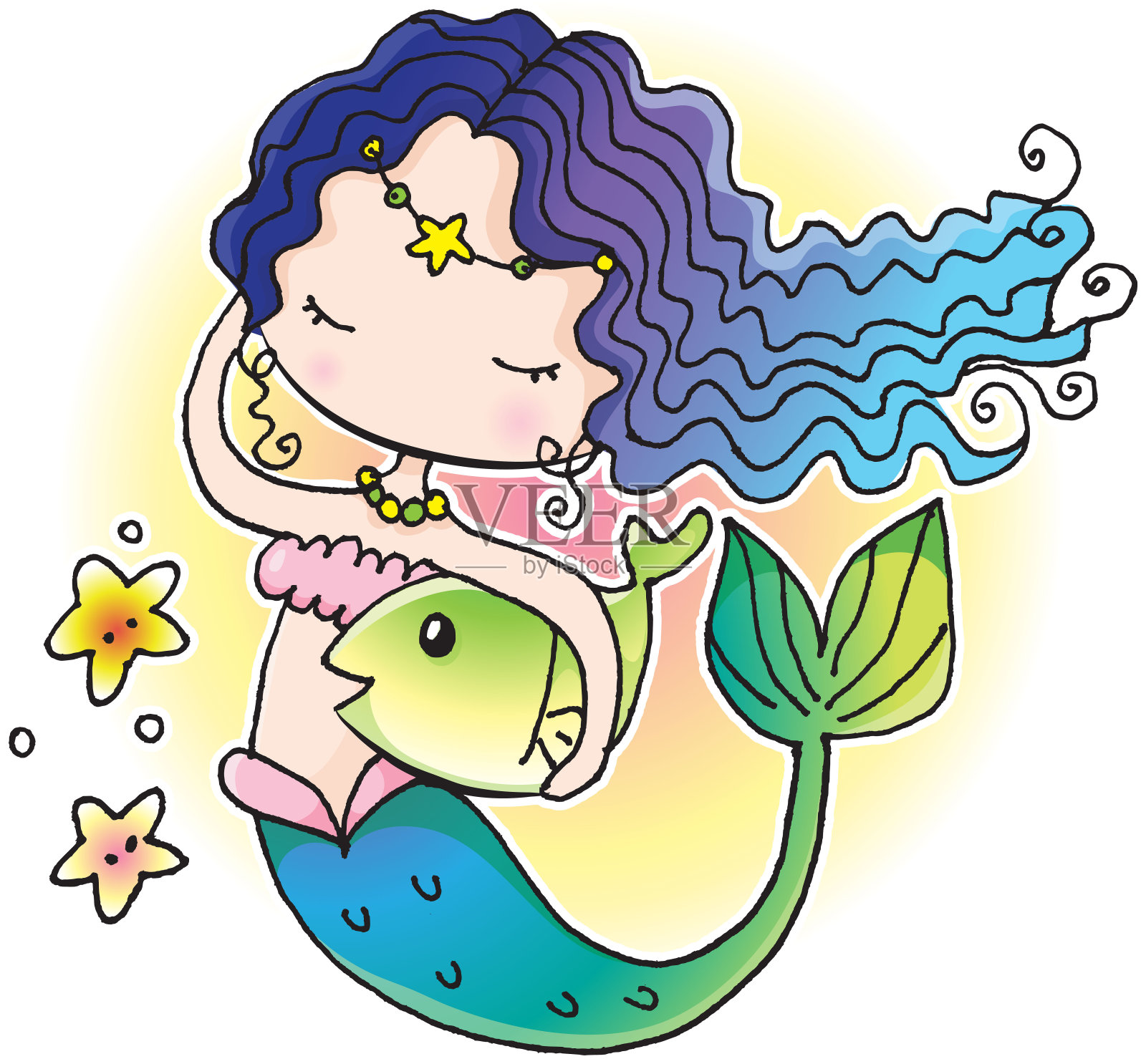 矢量卡通可爱可爱的女孩美人鱼抱着大鱼插画图片素材