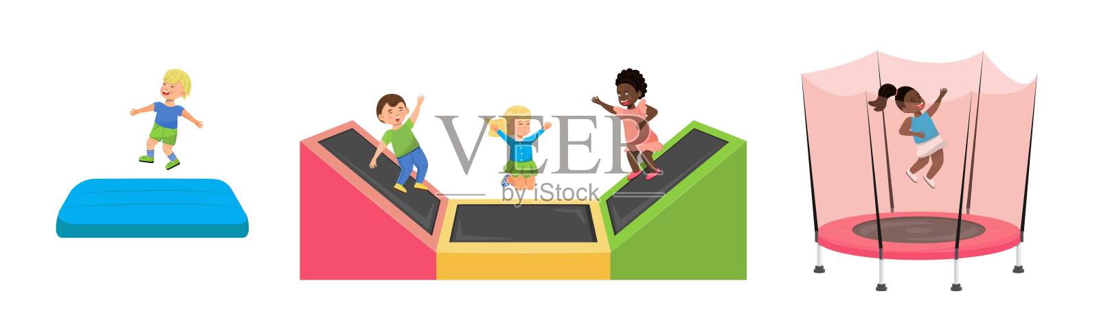 孩子在蹦床上跳。儿童休闲区，儿童活动区，适合小女孩和男孩的活动休息。插画图片素材