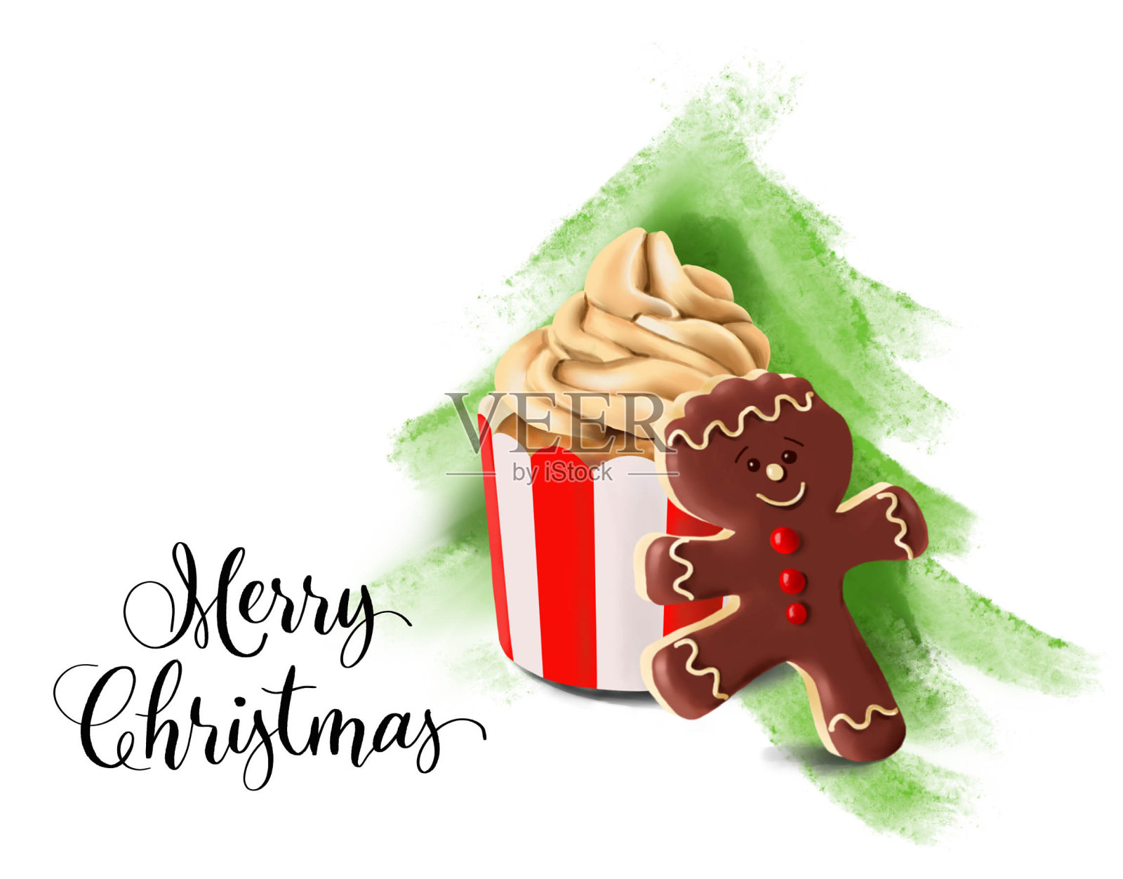 姜饼人旁边的纸杯蛋糕，背景是圣诞树照片摄影图片