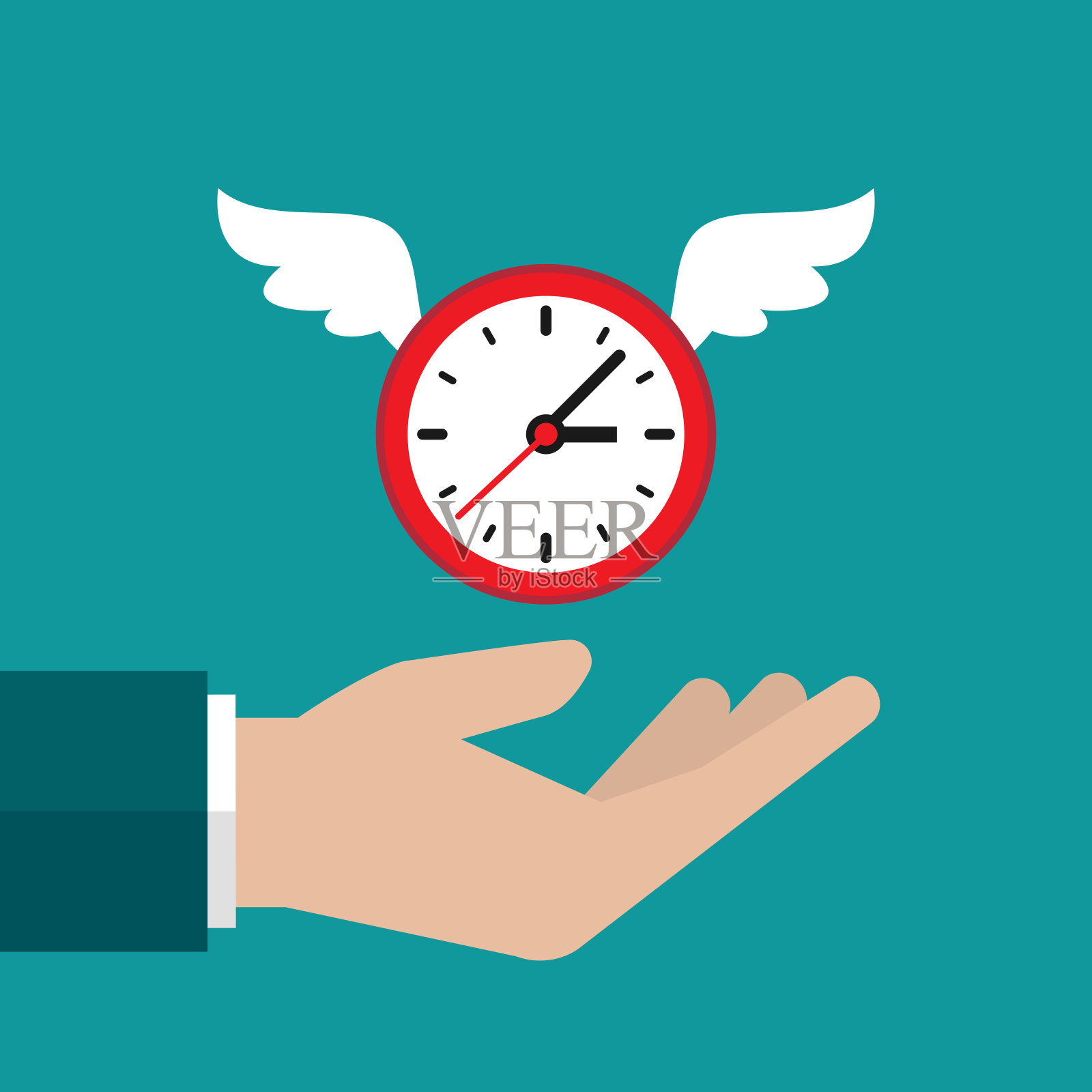 商人的手抓住了有翅膀的飞钟。亨特,追逐。实现目标，财务成功，经营收入理念。插画图片素材