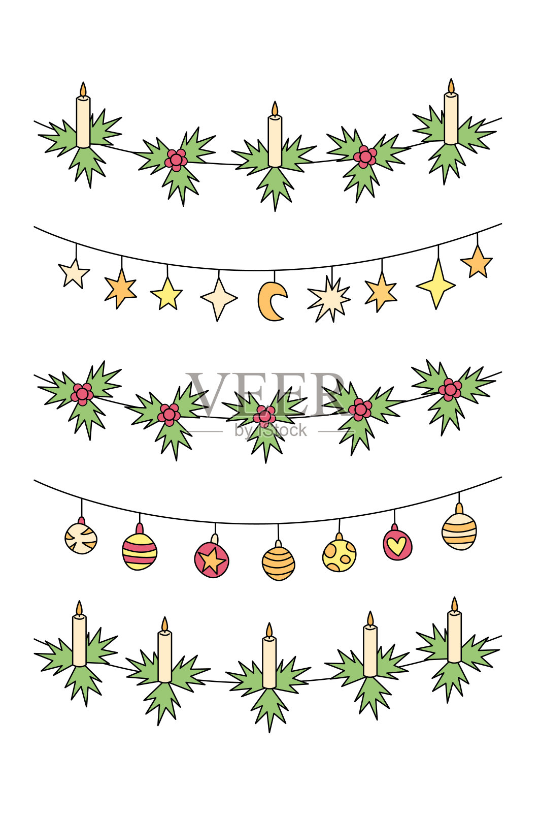 圣诞花环装饰套。用蜡烛、圣诞浆果、冬青树、星形花饰和圣诞球装饰圣诞树的节日花环。彩色平面轮廓向量。插画图片素材