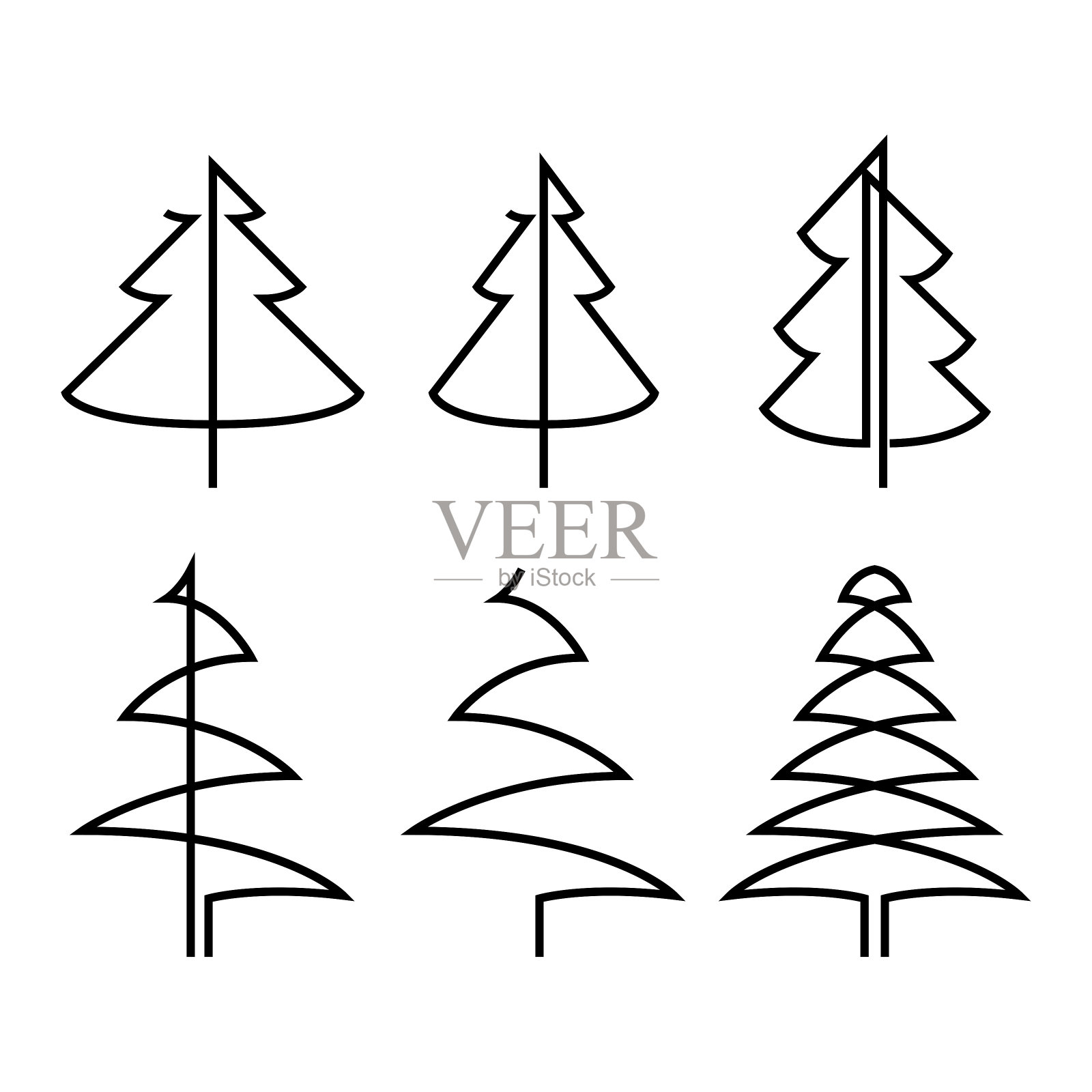 松木连续线画。窗格子上集合。黑色孤立在白色背景上。手绘圣诞树套装。矢量图设计元素图片
