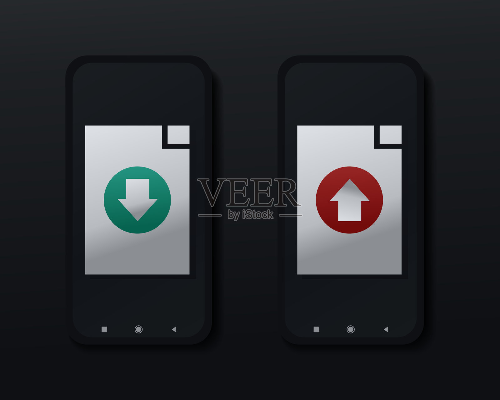 屏幕上有文件下载和上传按钮的智能手机。下载和上传文档。插画图片素材