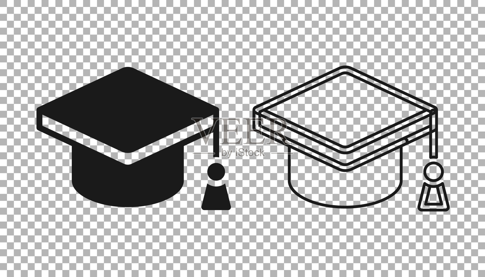 黑色毕业帽图标隔离透明背景。带流苏图标的毕业帽。向量图标素材