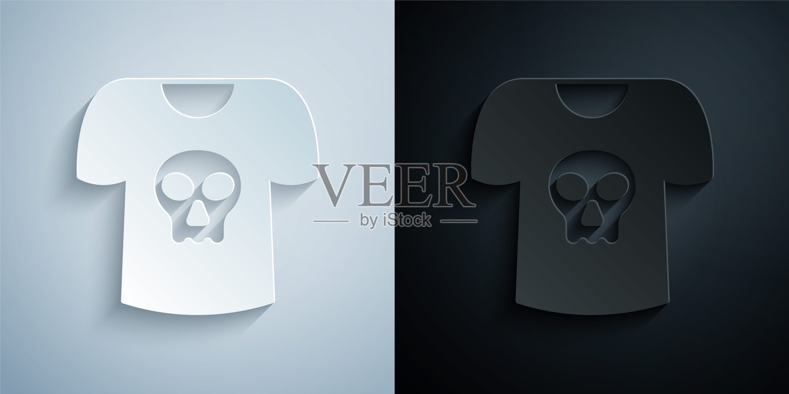 剪纸衬衫与骷髅图标孤立在灰色和黑色的背景。快乐的万圣节派对。纸艺术风格。向量插画图片素材