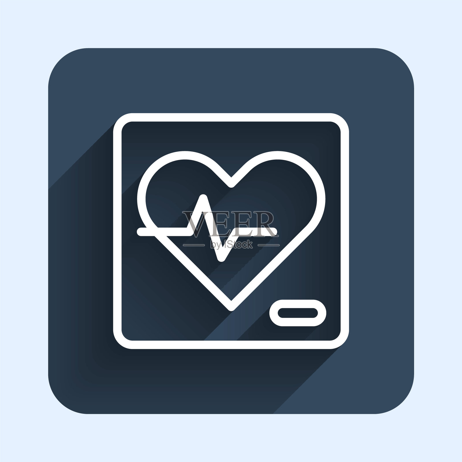 白线心率图标与长阴影背景隔离。心跳信号。心脉图标。心电图图标。蓝色方块按钮。向量图标素材