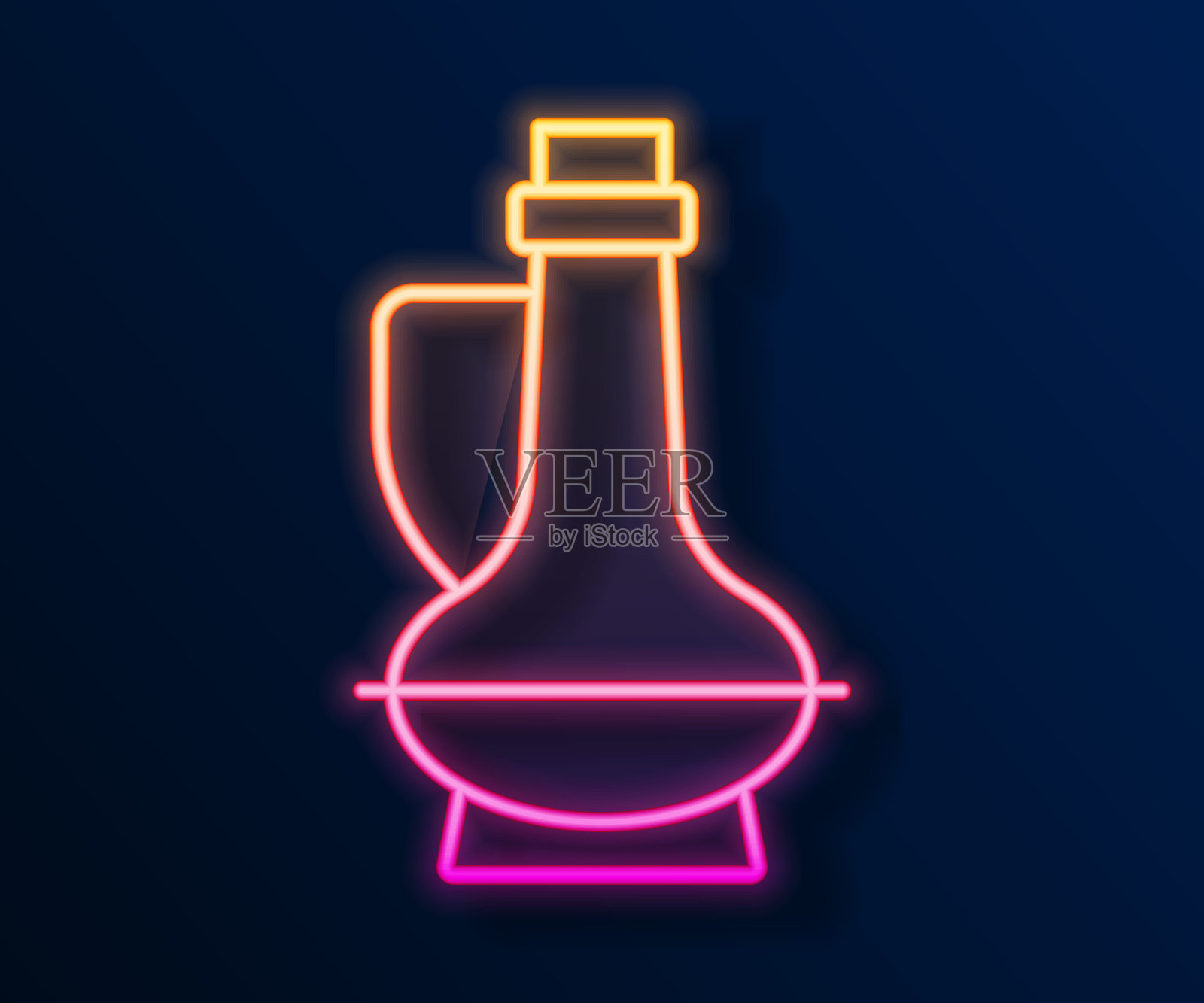 发光的霓虹灯线瓶橄榄油图标孤立在黑色背景。有橄榄油图标的水壶。向量插画图片素材
