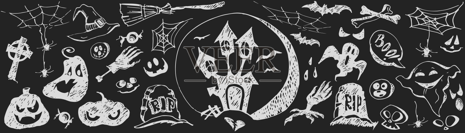 万圣节快乐!在抽象的彩色背景上的徒手画。插画图片素材