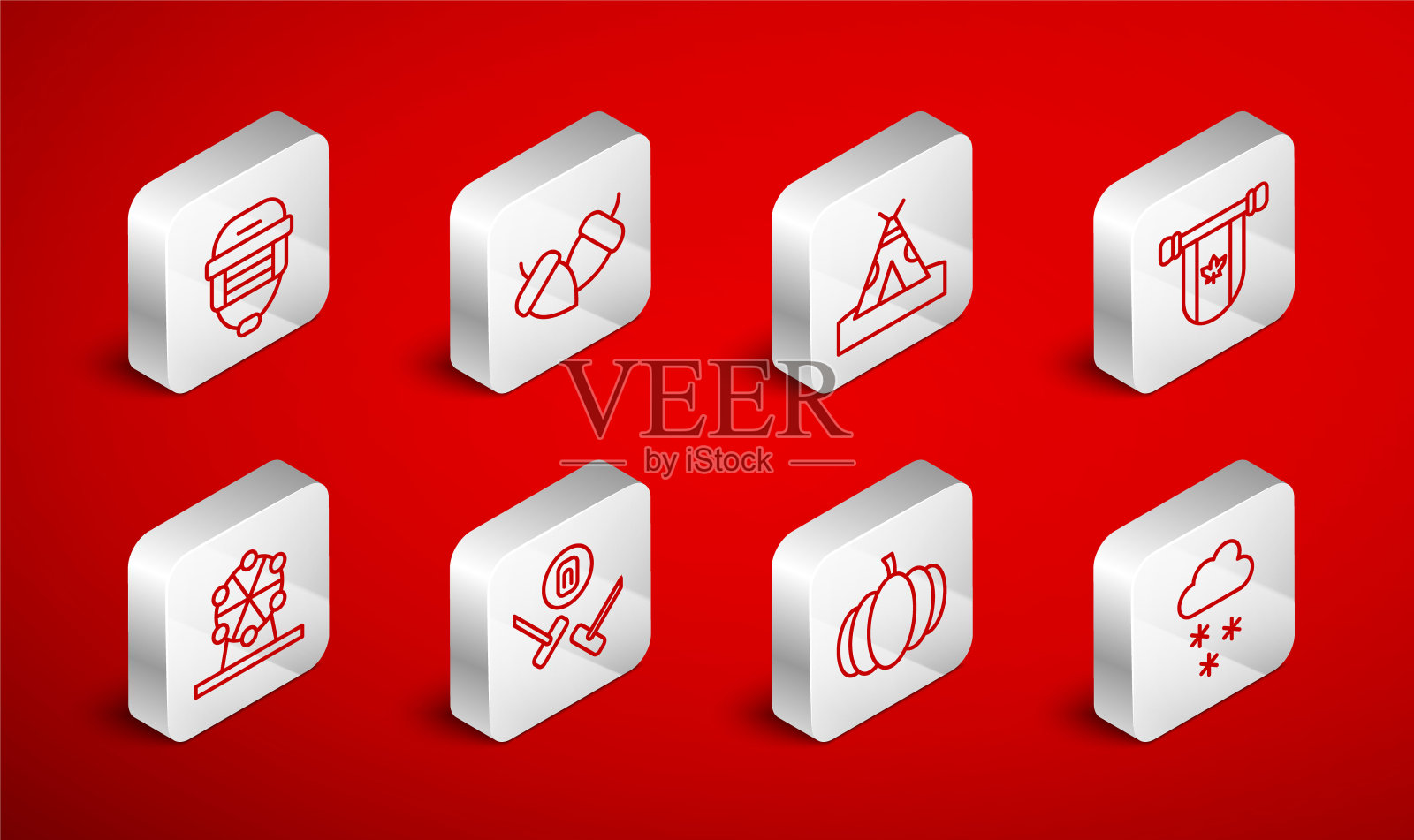 设置线云与雪，橡果，印第安帐篷棚屋，Pennant加拿大，南瓜，曲棍球头盔，冰壶运动游戏和摩天轮图标。向量图标素材