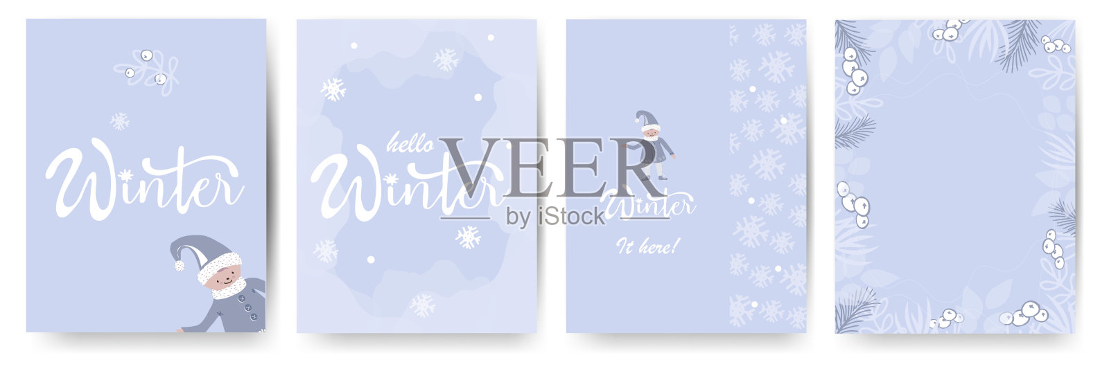 冬天横幅选项。蓝色背景上有雪花、树枝、可爱的侏儒和题字。平面风格的矢量插图。插画图片素材
