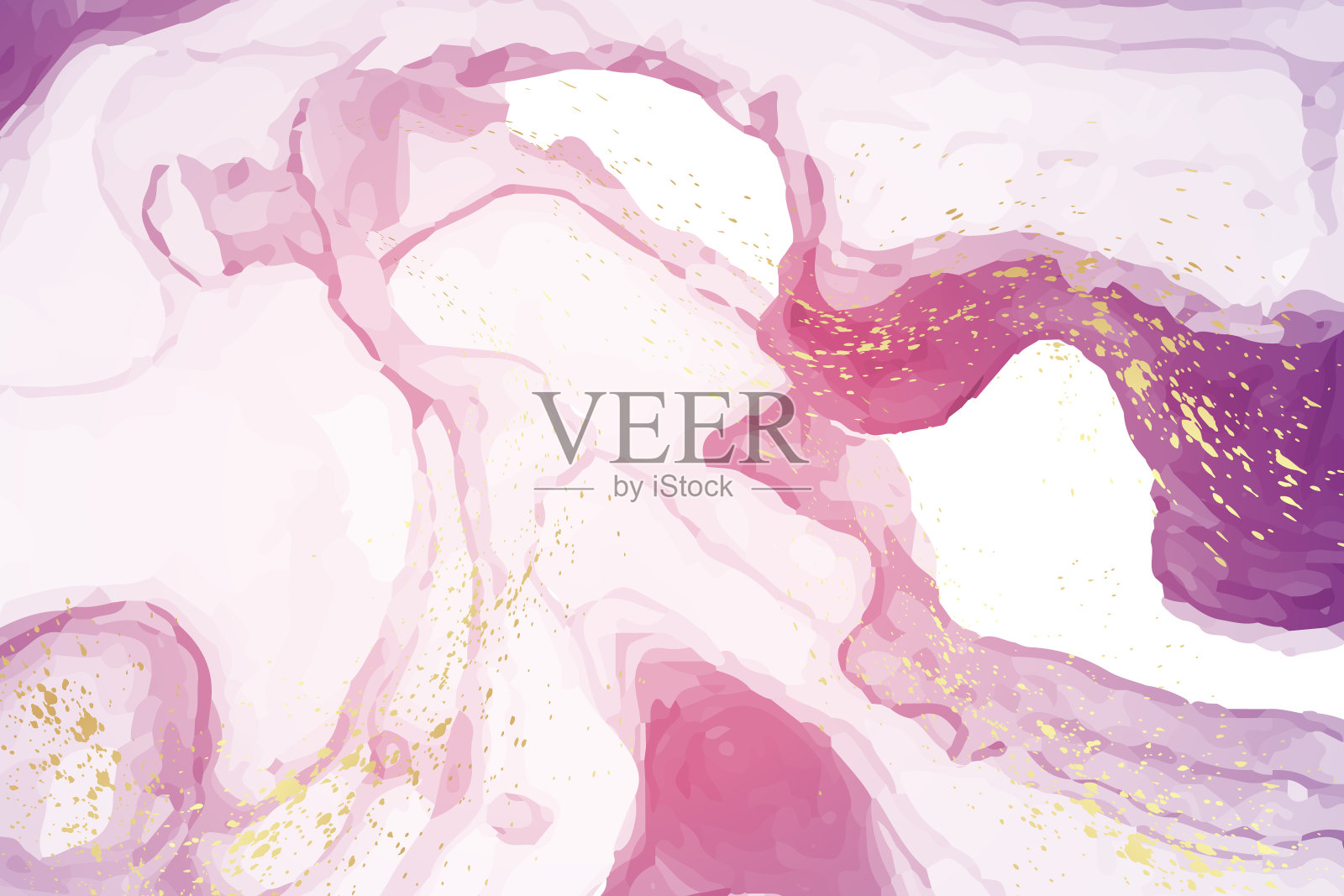 水彩背景与抽象的粉红色墨水波浪和金色溅在白色。插画图片素材