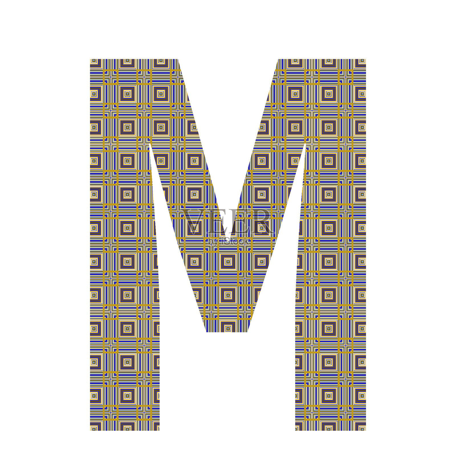 字母M由紫色、黄色和蓝色的小方块组成，孤立在白色背景上照片摄影图片