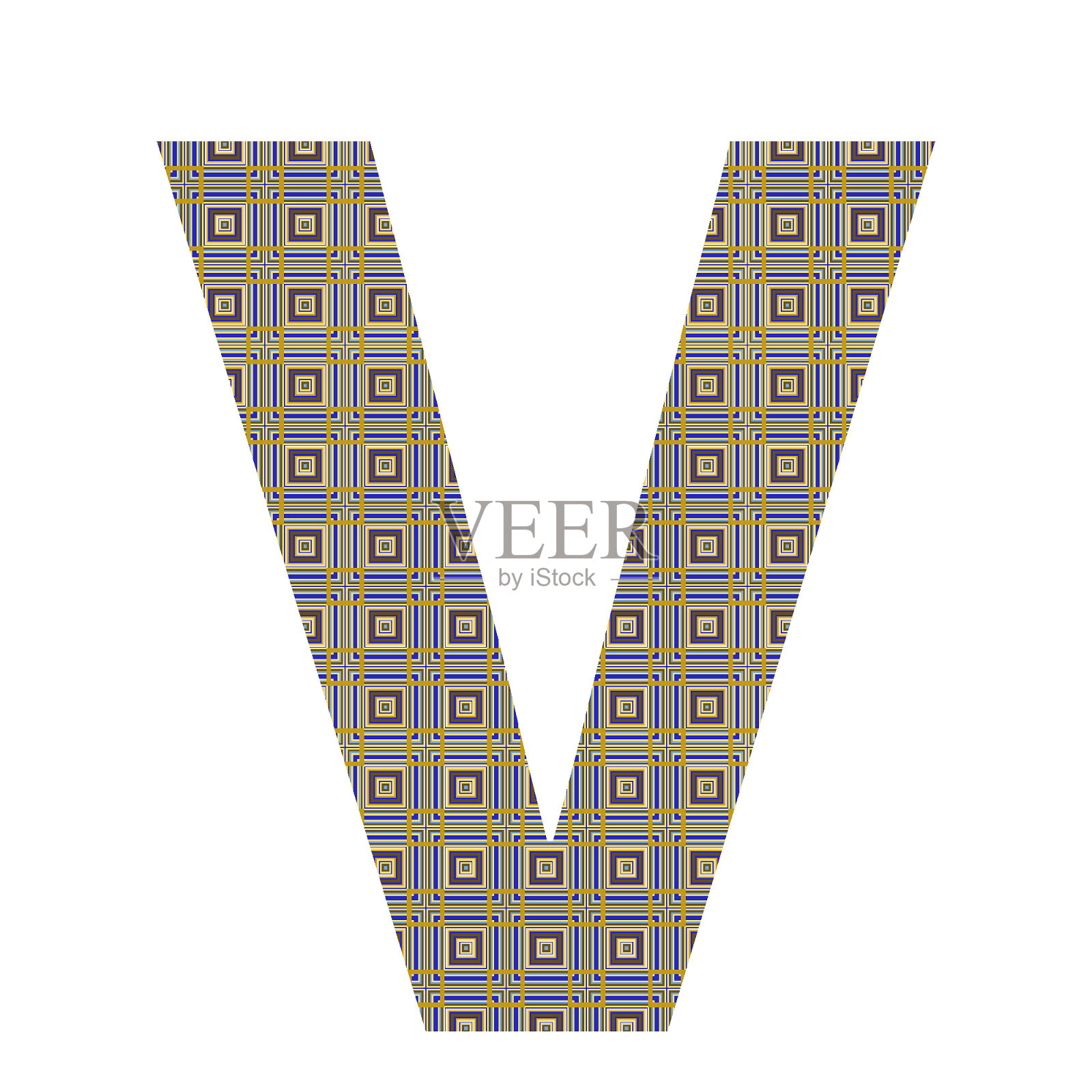 由紫色、黄色和蓝色小方块组成的图案组成的字母V，孤立在白色背景上照片摄影图片