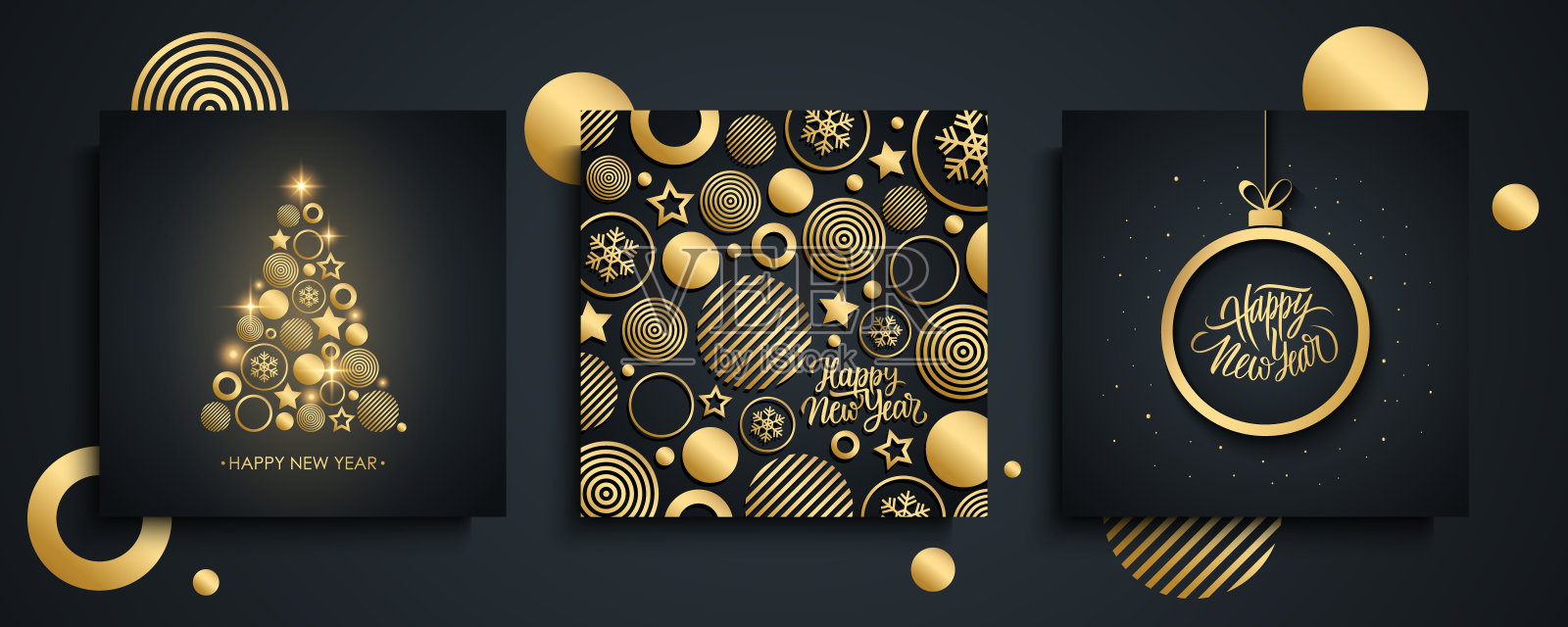 豪华新年祝福贺卡套装。新年假期邀请模板收集与金色的圣诞树，手画的字母和金色的圣诞球。插画图片素材