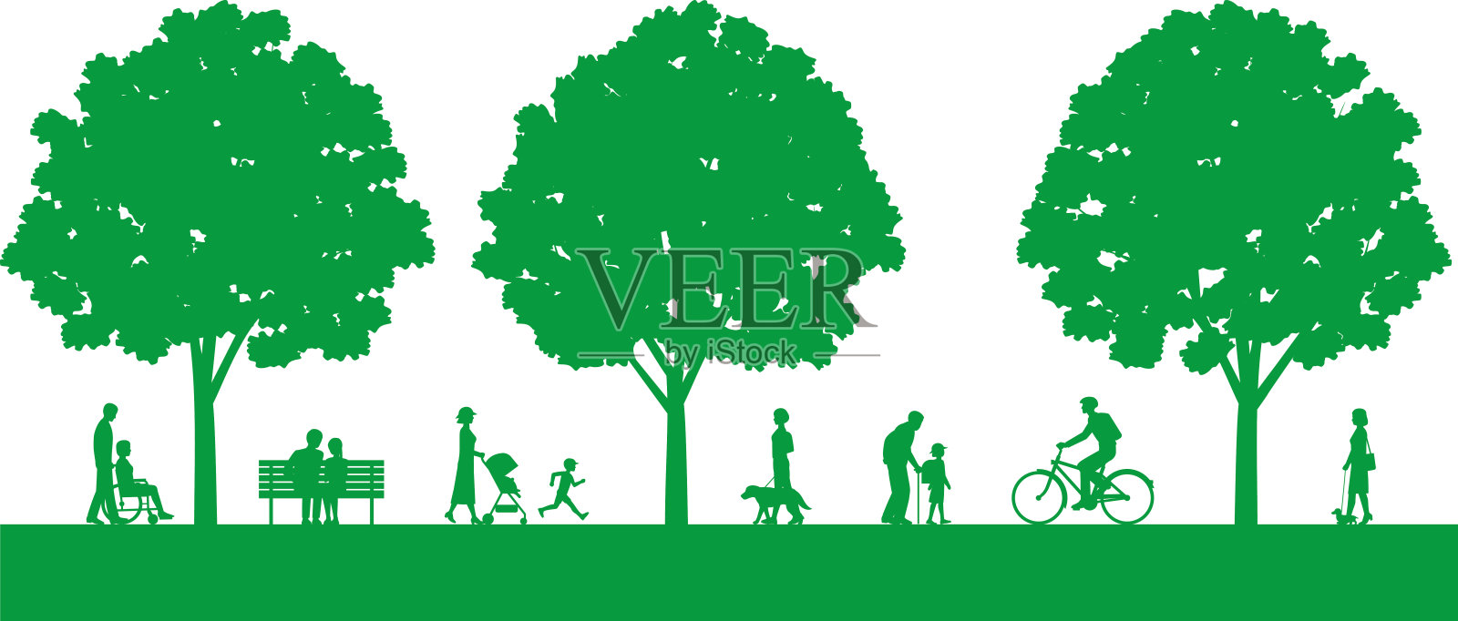 人们走在路边有树的街道上插画图片素材