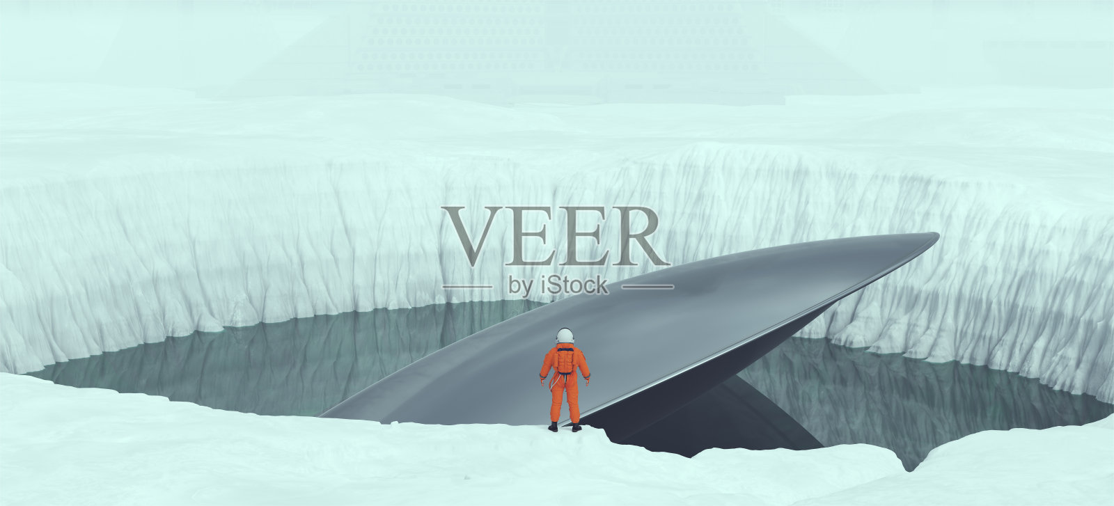 橙色宇航员站在冰冻冰川上的一个大陨石坑边缘撞毁的不明飞行物科幻片地外环境宇航员月球景观插画图片素材