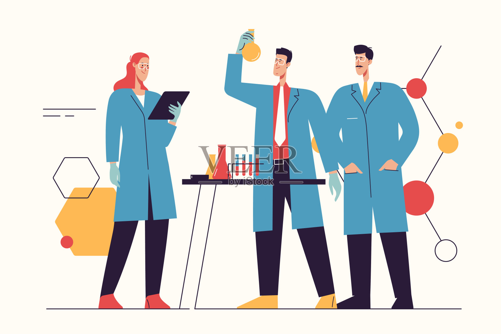 矢量插图描绘了一组科学家在实验室工作，做测试，研究。可编辑的中风插画图片素材