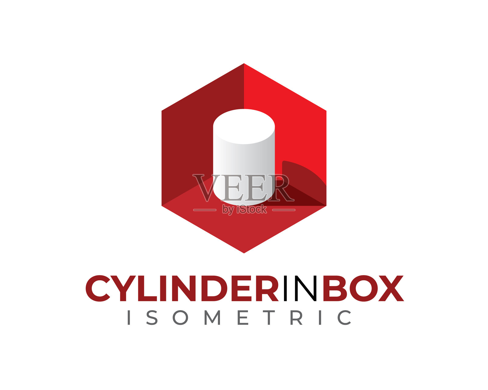 白色三维三维等距圆柱筒内红色六边形盒子与光和阴影插画图片素材