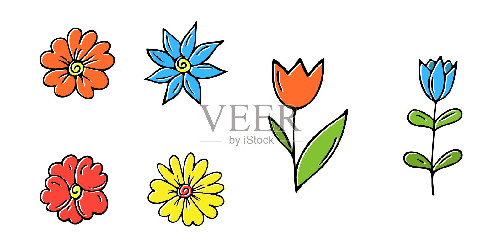 手绘花朵。涂鸦风格，素描，简单的植物线条，用植物花卉元素绘制，极简主义。插画图片素材