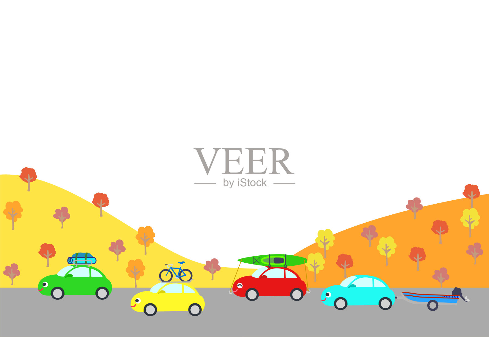 汽车在秋天的山路上休闲的插图。插画图片素材