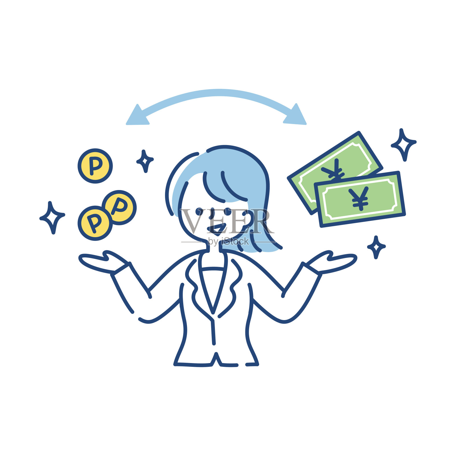 一名微笑的妇女的插图，画着兑换现金的点数(日元)设计元素图片