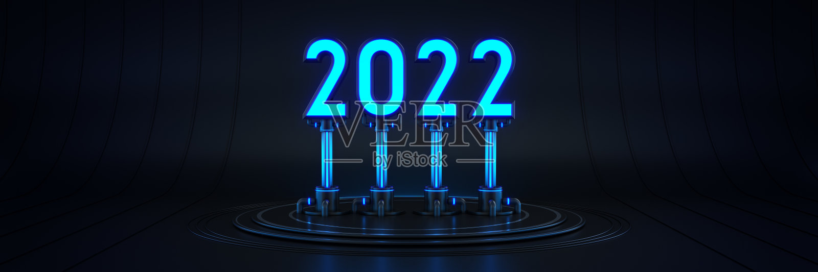 未来科幻现代空大厅黑暗，外星车库科幻。光2022字母符号，新年2022 3d渲染。照片摄影图片