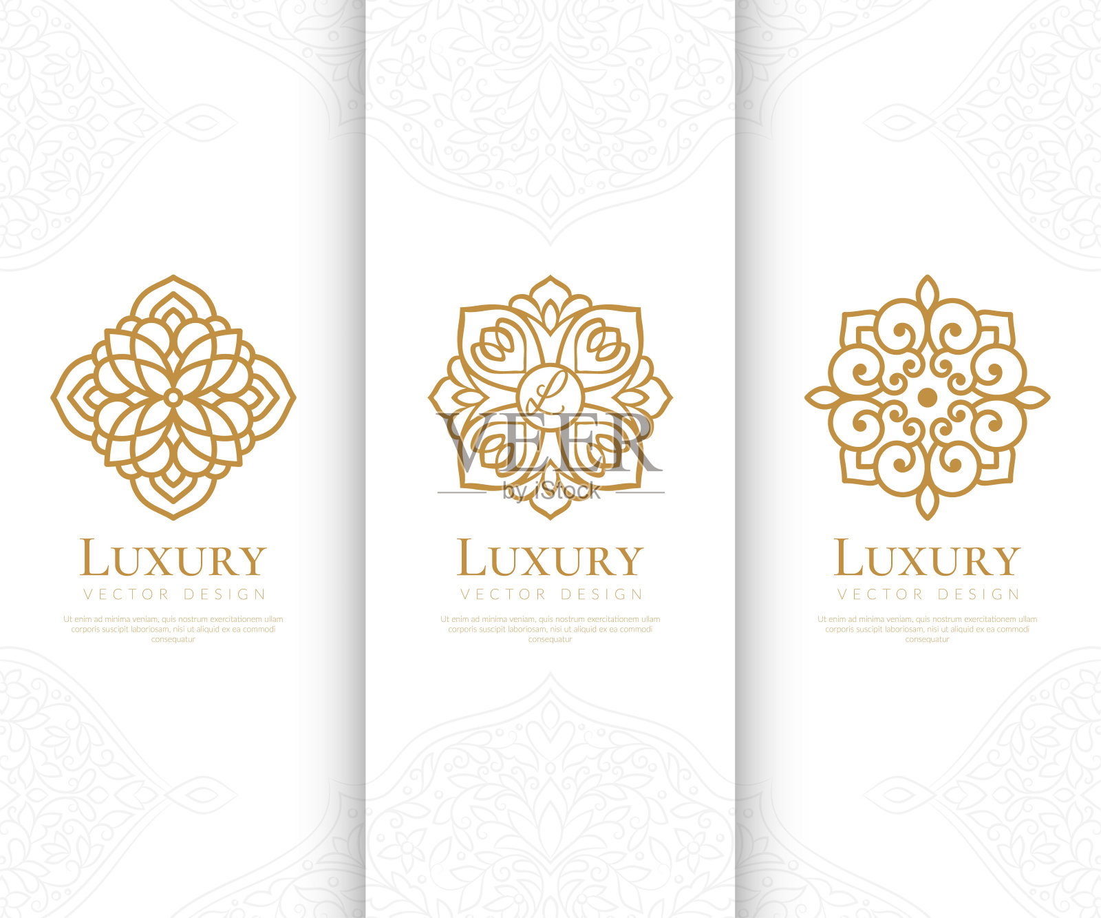 金色的曼荼罗标志。可用于珠宝、美容、时尚等行业。伟大的标志，字母组合，邀请，传单，菜单，小册子，背景，或任何想要的想法。插画图片素材