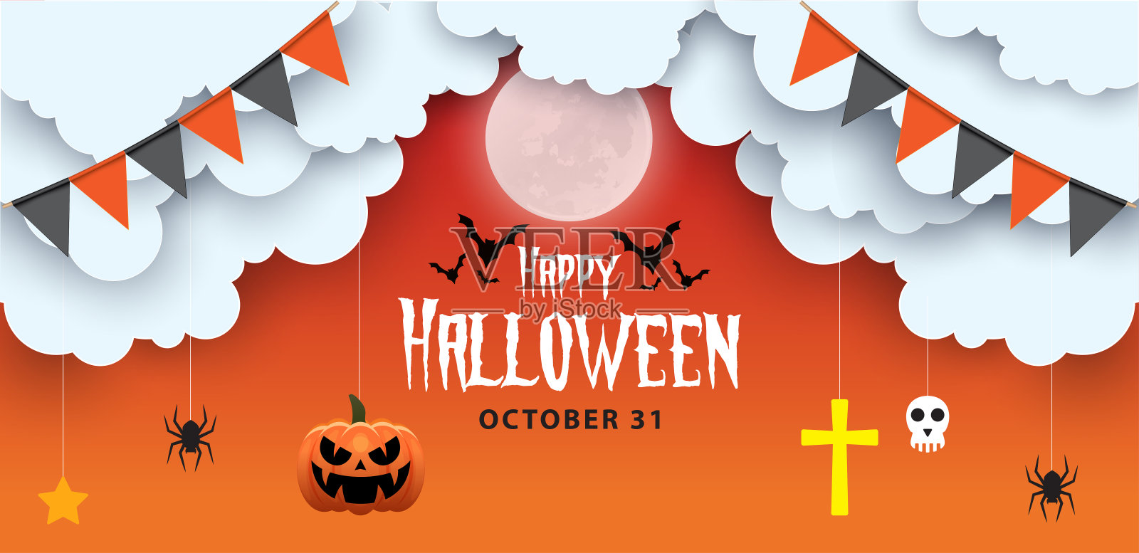 万圣节出售facebook封面页时间轴，网页广告横幅模板南瓜，蝙蝠和云在橙色背景|现代布局概念设计设计模板素材