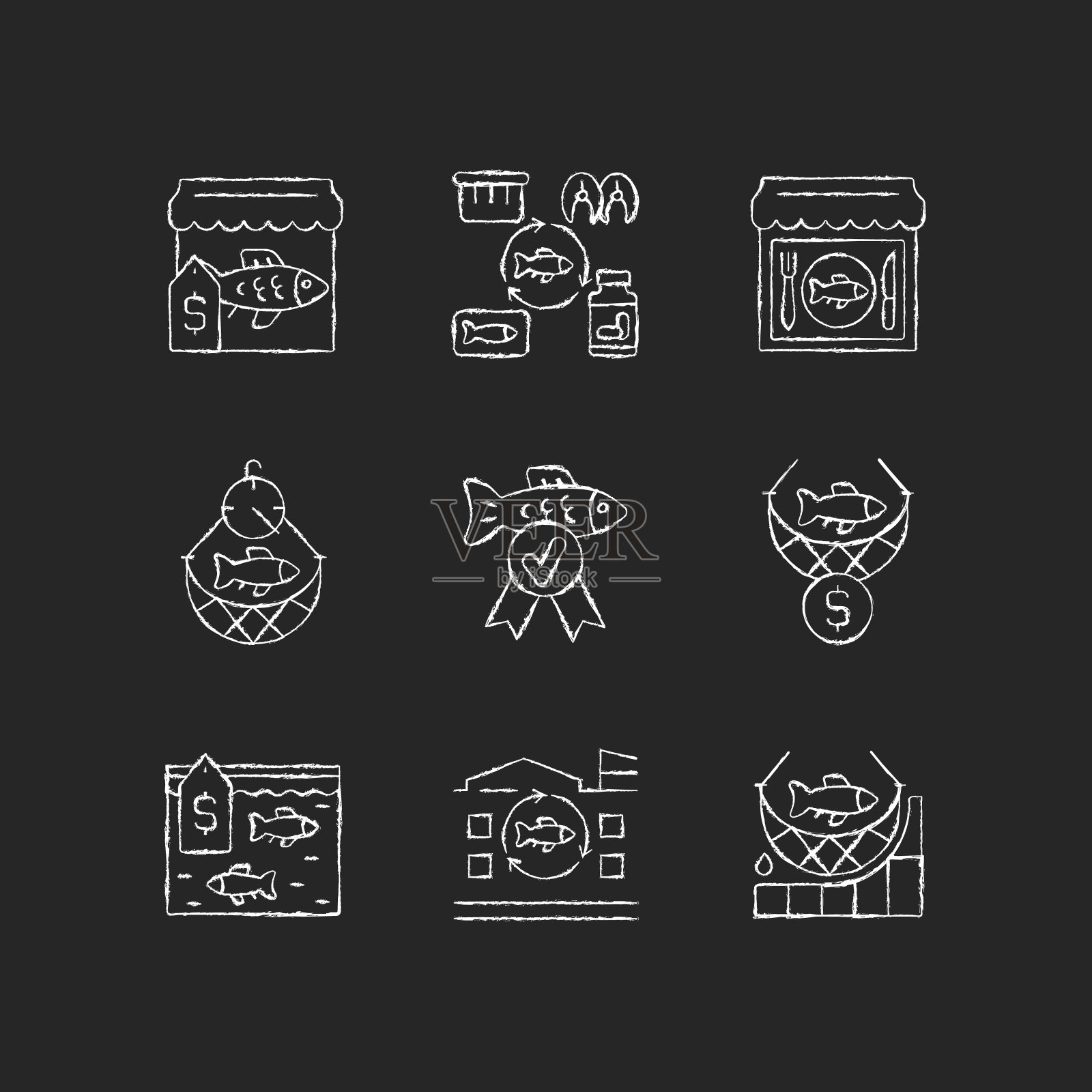 商业渔业粉笔白色图标设置在黑暗的背景图标素材