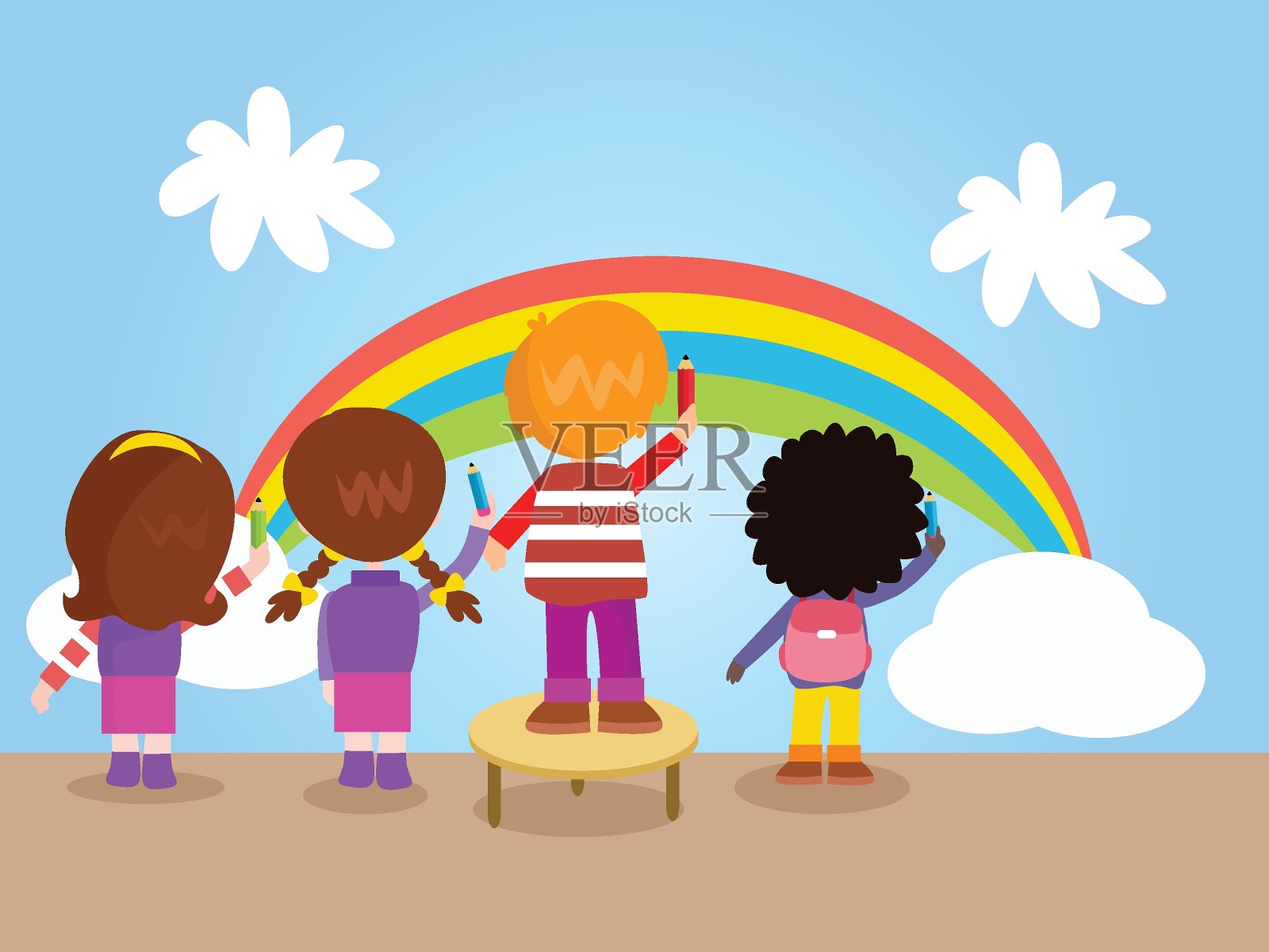 一群孩子在一起画彩虹插画图片素材