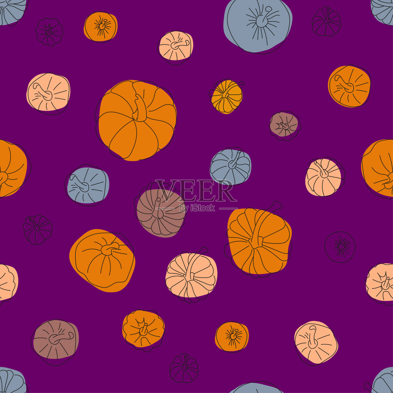 彩色南瓜的无缝图案的不同形状的涂鸦风格插画图片素材