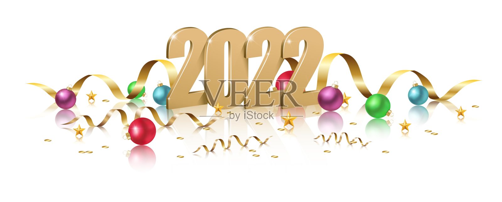 新年快乐设计，说明3d金色2022标志数字与圣诞球，纽约庆祝邀请在白色背景。插画图片素材