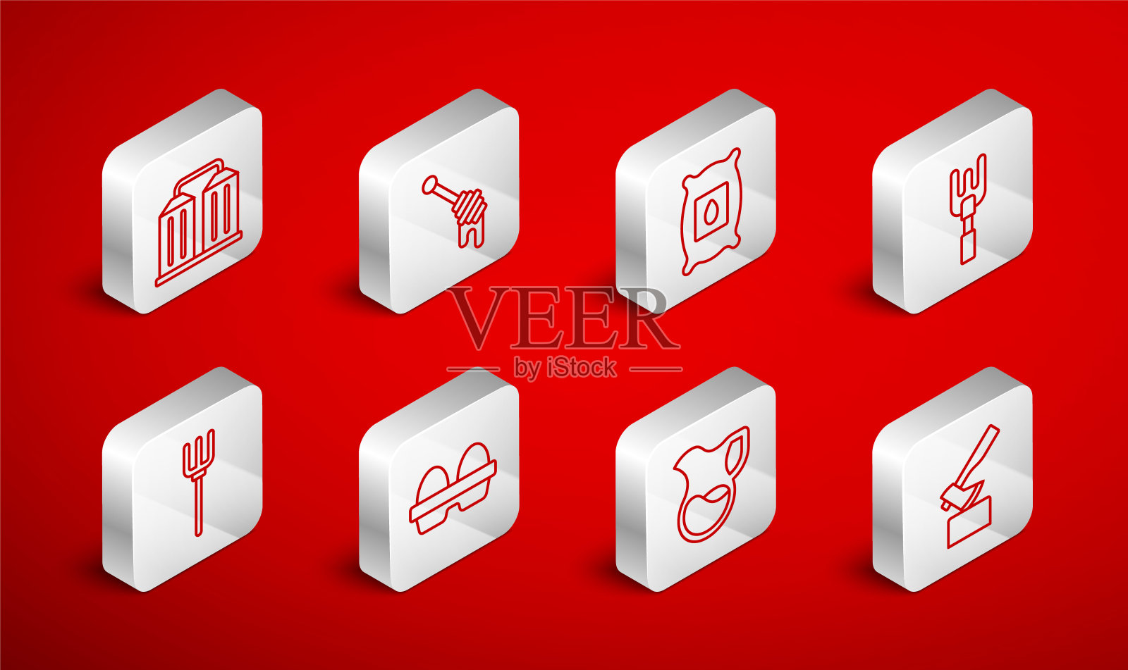 木斧，蜂蜜勺，装满植物种子，花园耙，牛奶罐，粮仓，鸡蛋在盒子和干草叉图标。向量图标素材