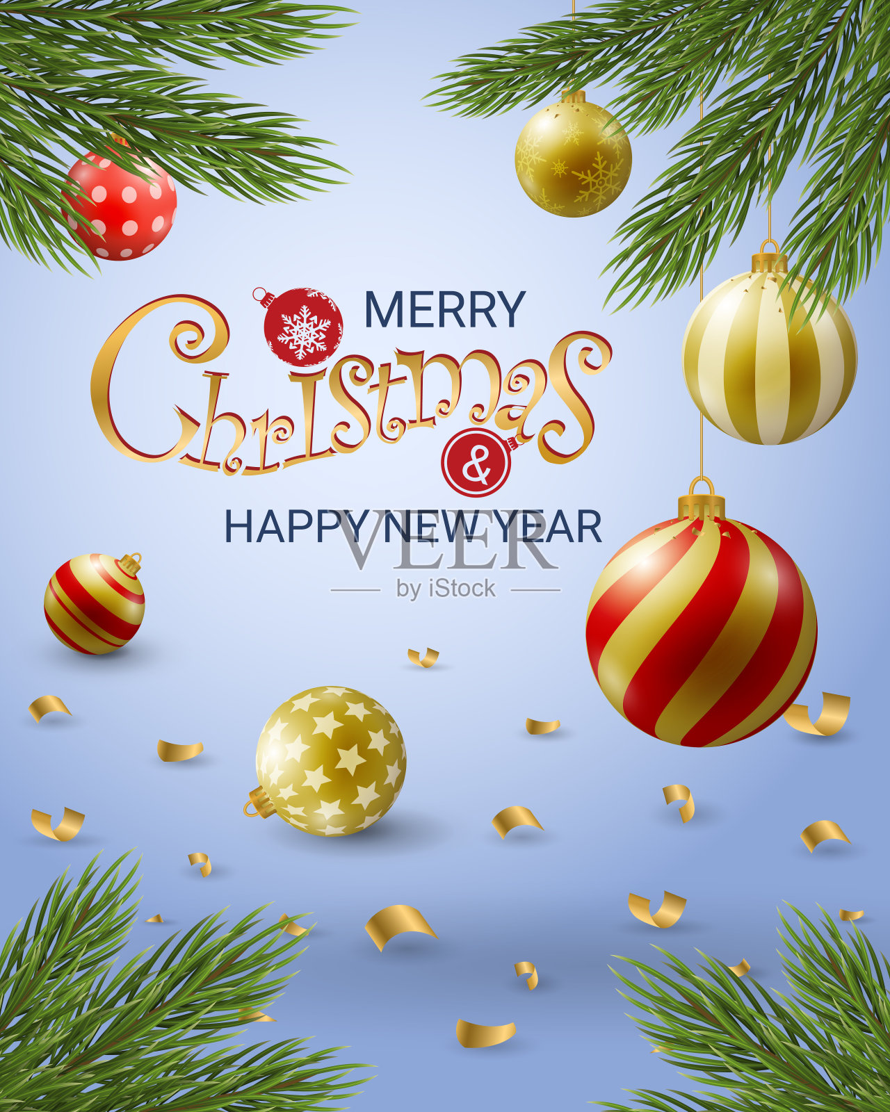 新年的背景与圣诞玩具在圣诞树上。设计模板素材
