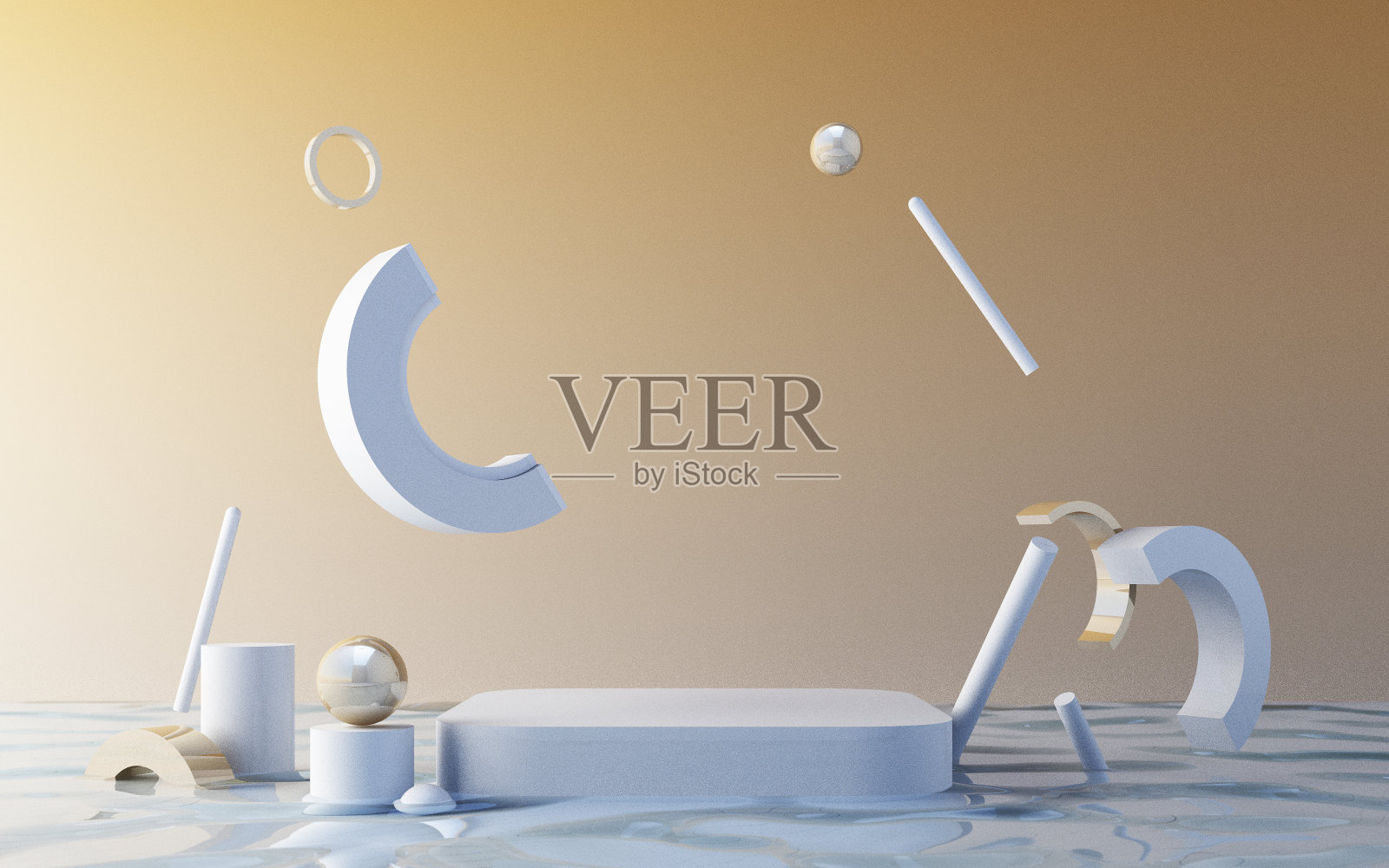 最小的场景与讲台。金色和白色的场景。社交媒体上的广告，促销，化妆品展示。几何形状湿水3d渲染插画图片素材