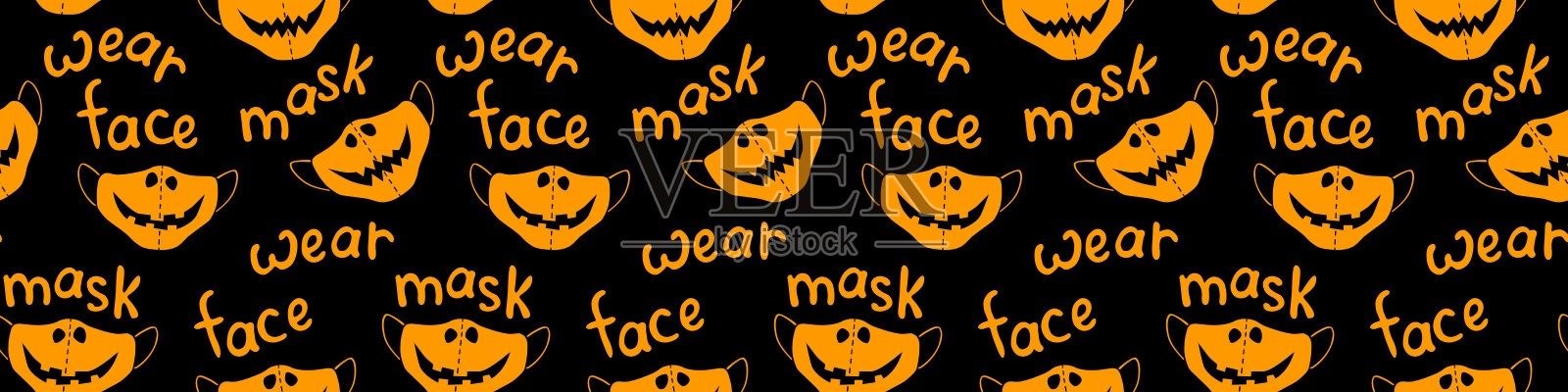 医用防护口罩的无缝载体模式。万圣节的背景和纹理与字母在平面风格。病毒保护,隔离。Covid-19大流行设计元素图片