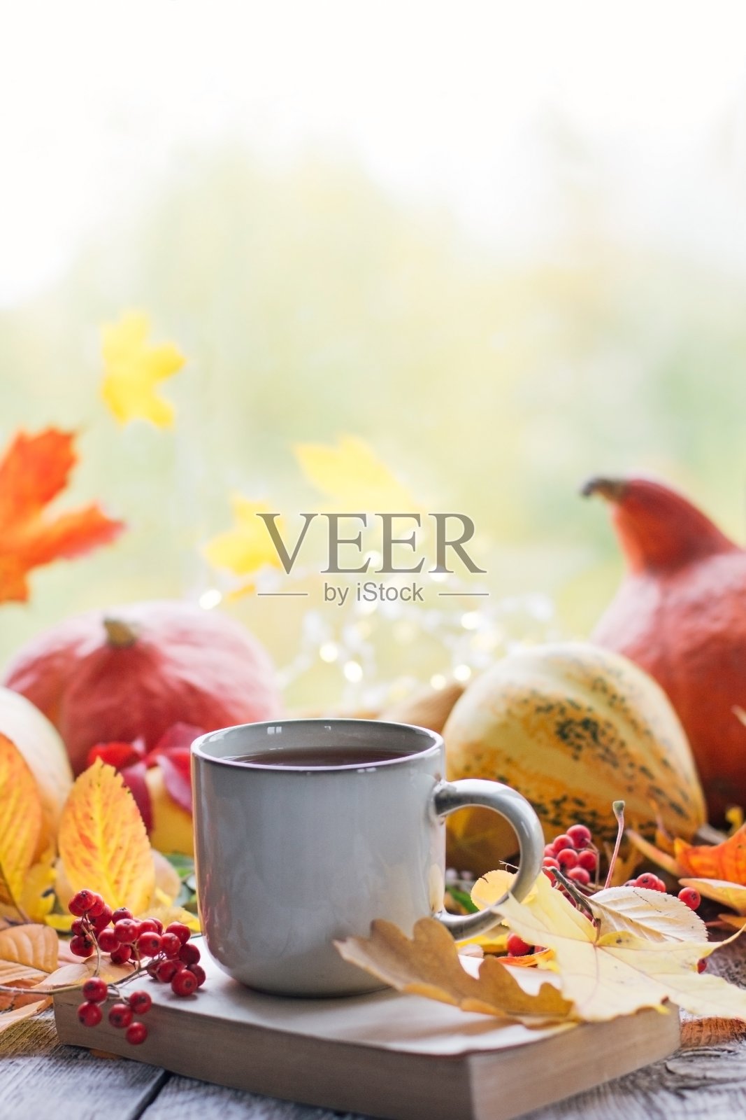 秋天静物带着美丽的散景。秋天的树叶和一杯热气腾腾的咖啡或茶，橙色的南瓜和秋天的收获。季节性的，早上喝咖啡，周日休息照片摄影图片