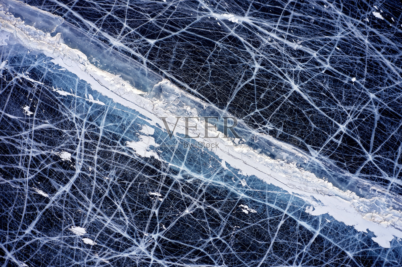 冰冻的贝加尔湖，鸟瞰图。美丽的冬季风景，清澈光滑的冰。俄罗斯著名的自然地标。蓝色透明的冰与深深的裂缝，顶部的一个冰冻的湖照片摄影图片