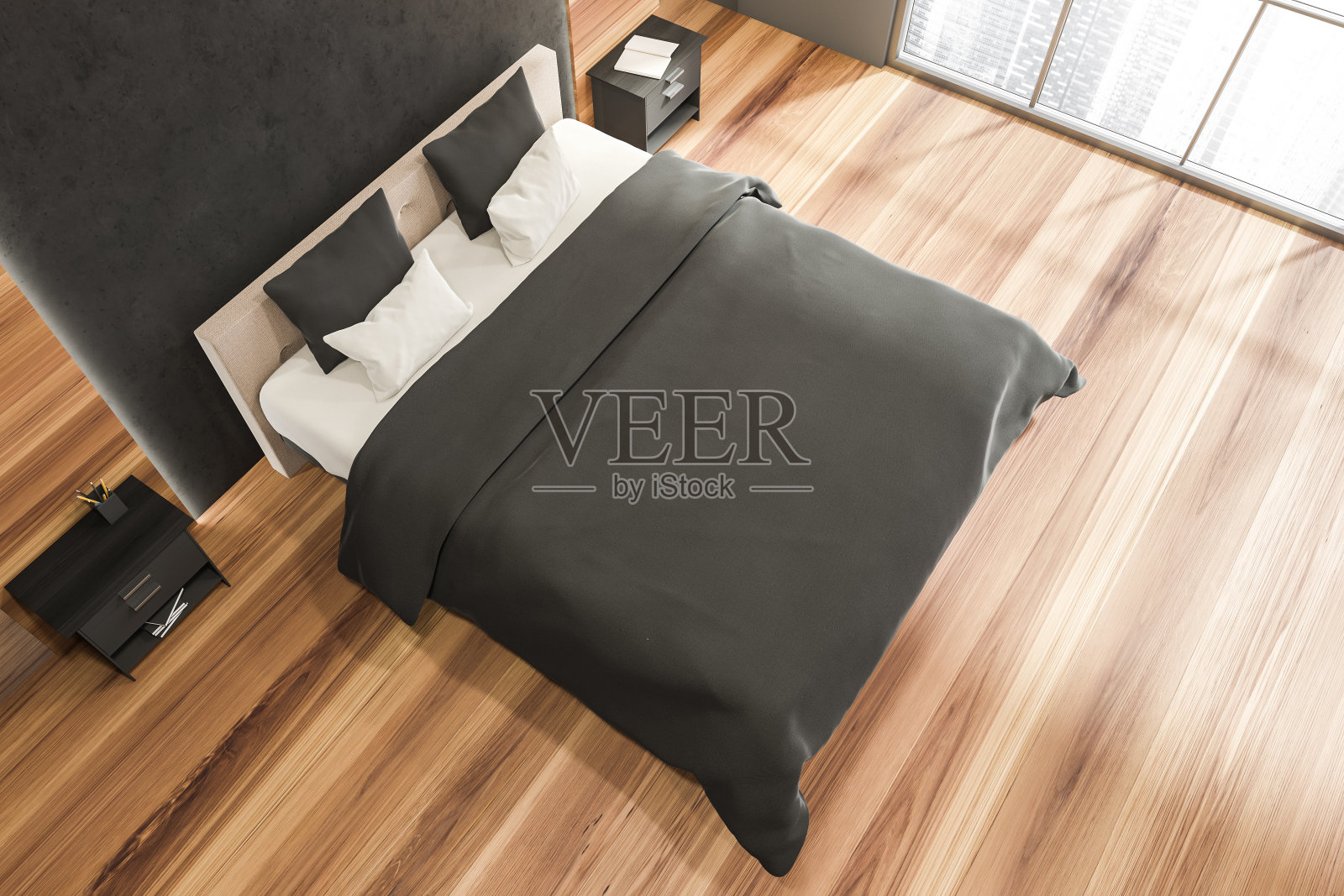 卧室配有木地板和深色石墙细节。前视图。照片摄影图片