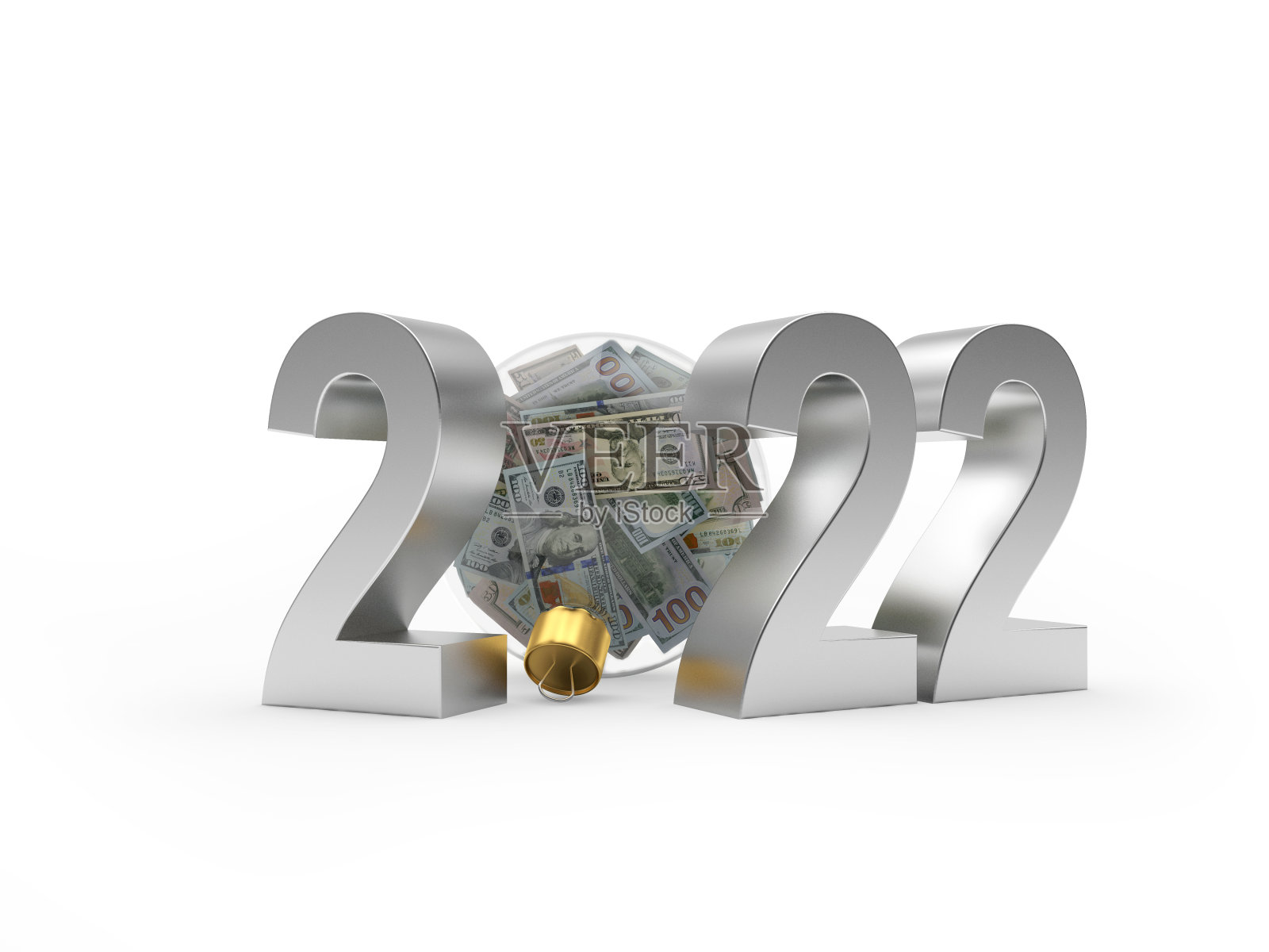 圣诞球里装着2022号银币和美元钞票。照片摄影图片