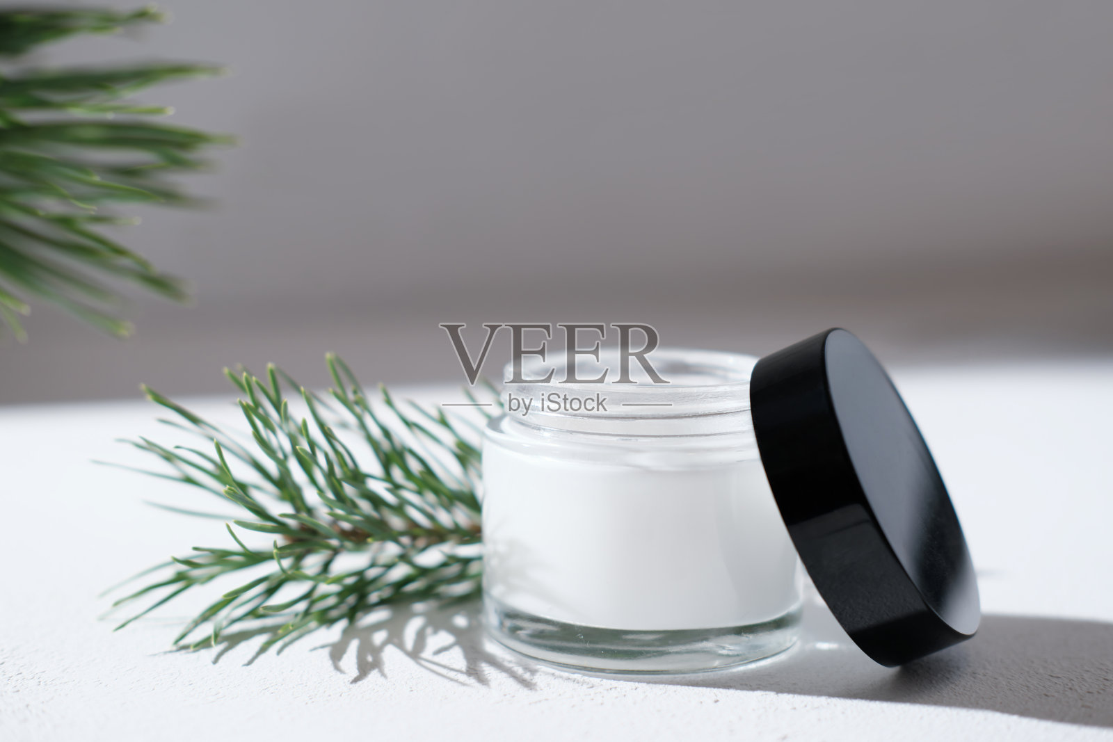 用于干燥皮肤的防寒霜。冬季舒缓滋养面部护理。白色玻璃罐旁边的松枝。照片摄影图片